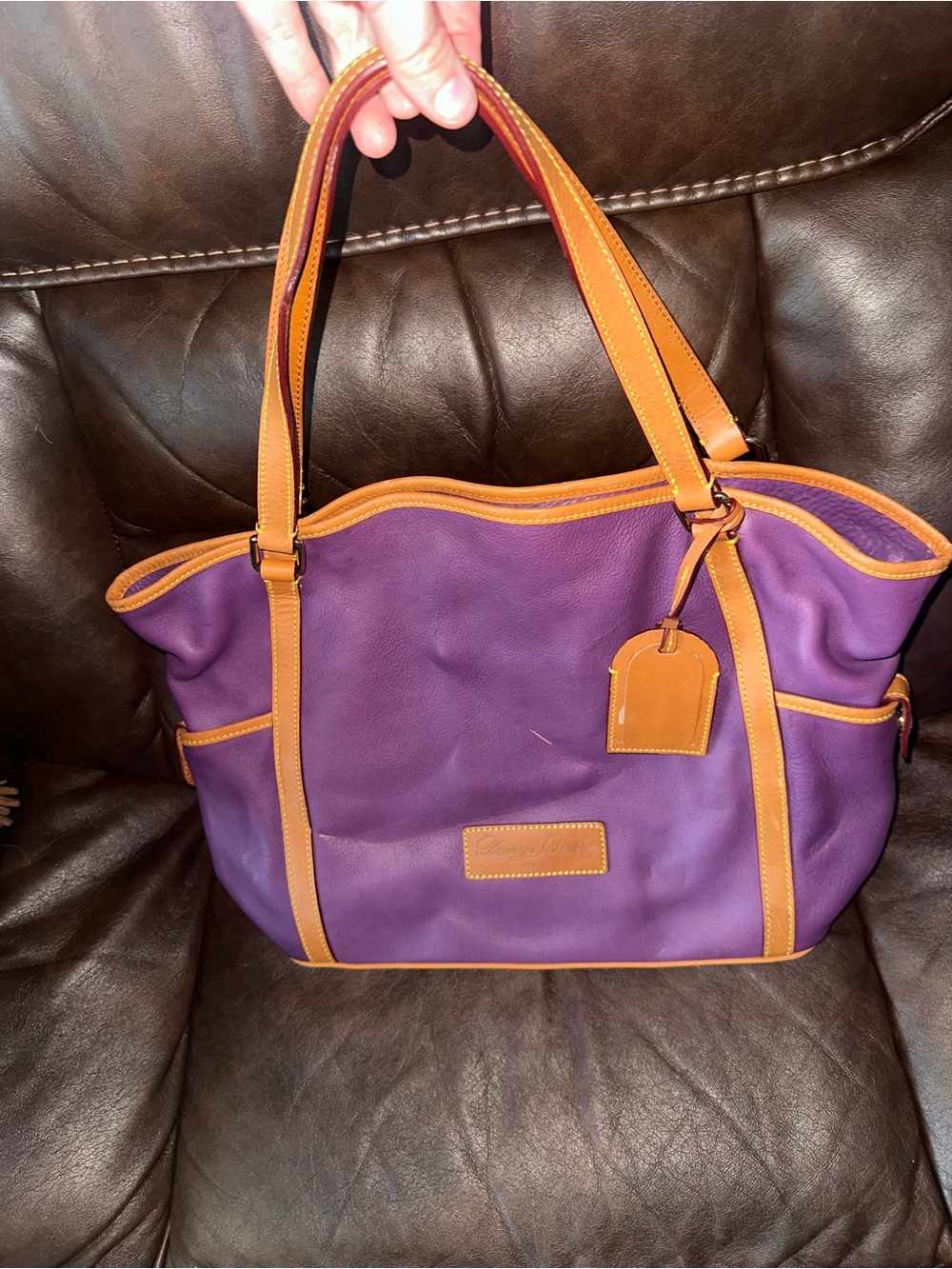 Dooney & Bourke Purple Leather Tote Bag with luggage tag